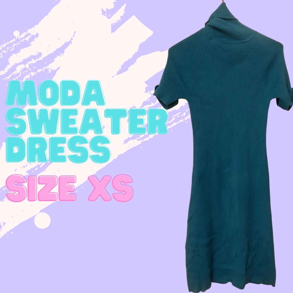 MODA International Ribbed Short Sleeved Turtleneck Teal Sweater Dress